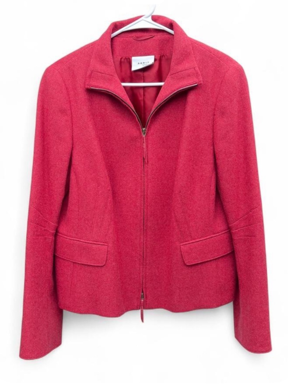 Akris Punto Wool Jacket Women’s Size 14 Red Two Way Zipper Mock Neck Collar Bold